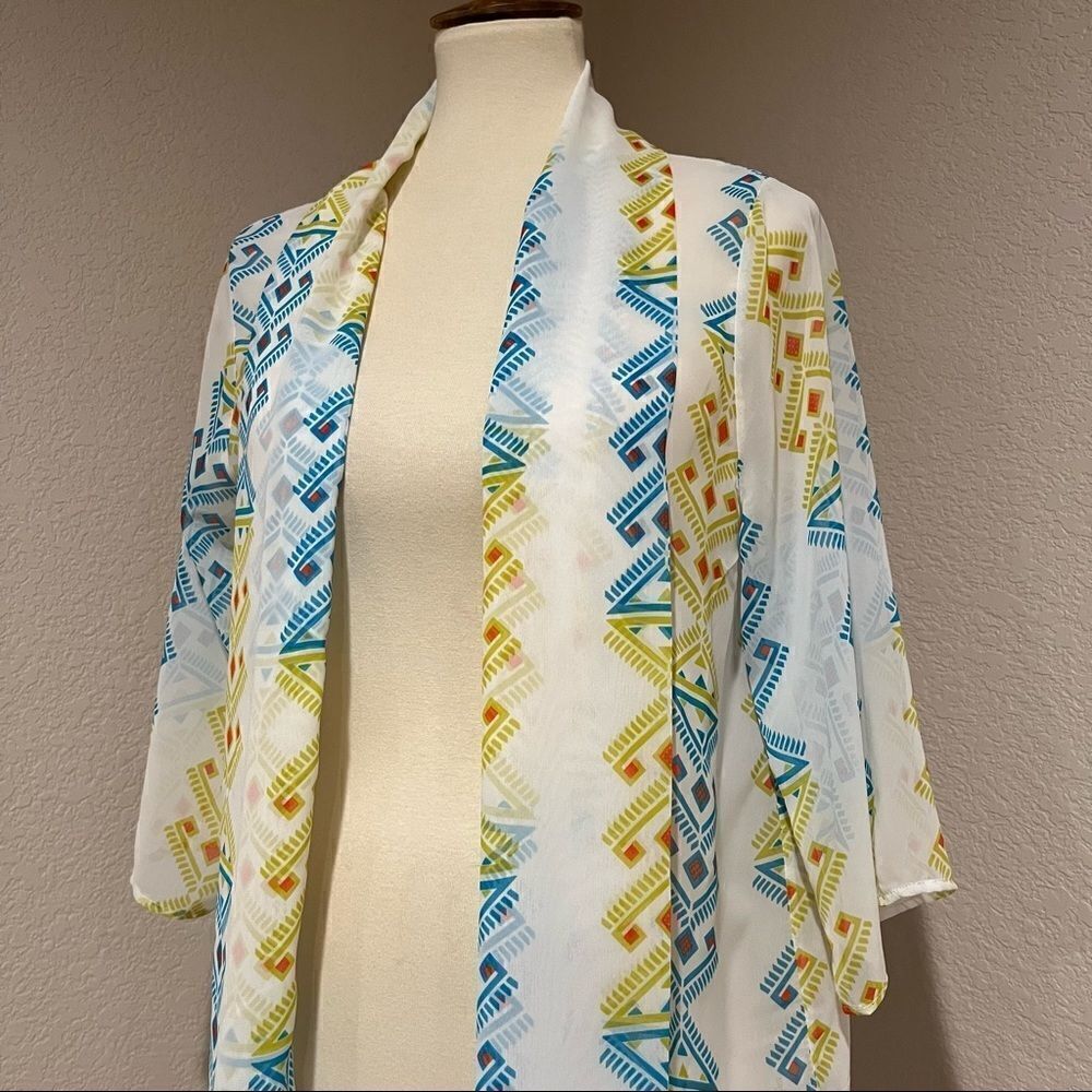 Peach Love California Aztec Geometric Kimono Sheer Ivory Chiffon Boho USA M - Picture 8 of 11